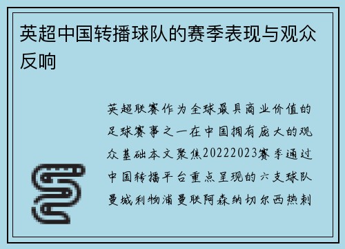 英超中国转播球队的赛季表现与观众反响