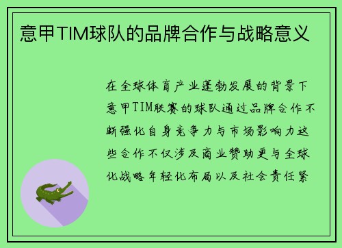 意甲TIM球队的品牌合作与战略意义